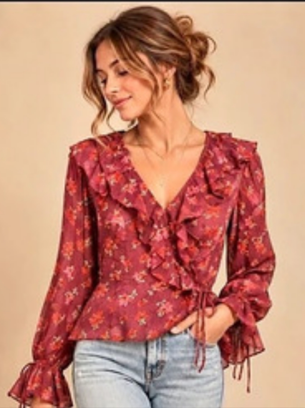 Free People Medium NWT Floral Ruffle Wrap Blouse